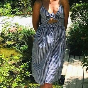 Blue & White Striped button down midi dress with a tie at the front